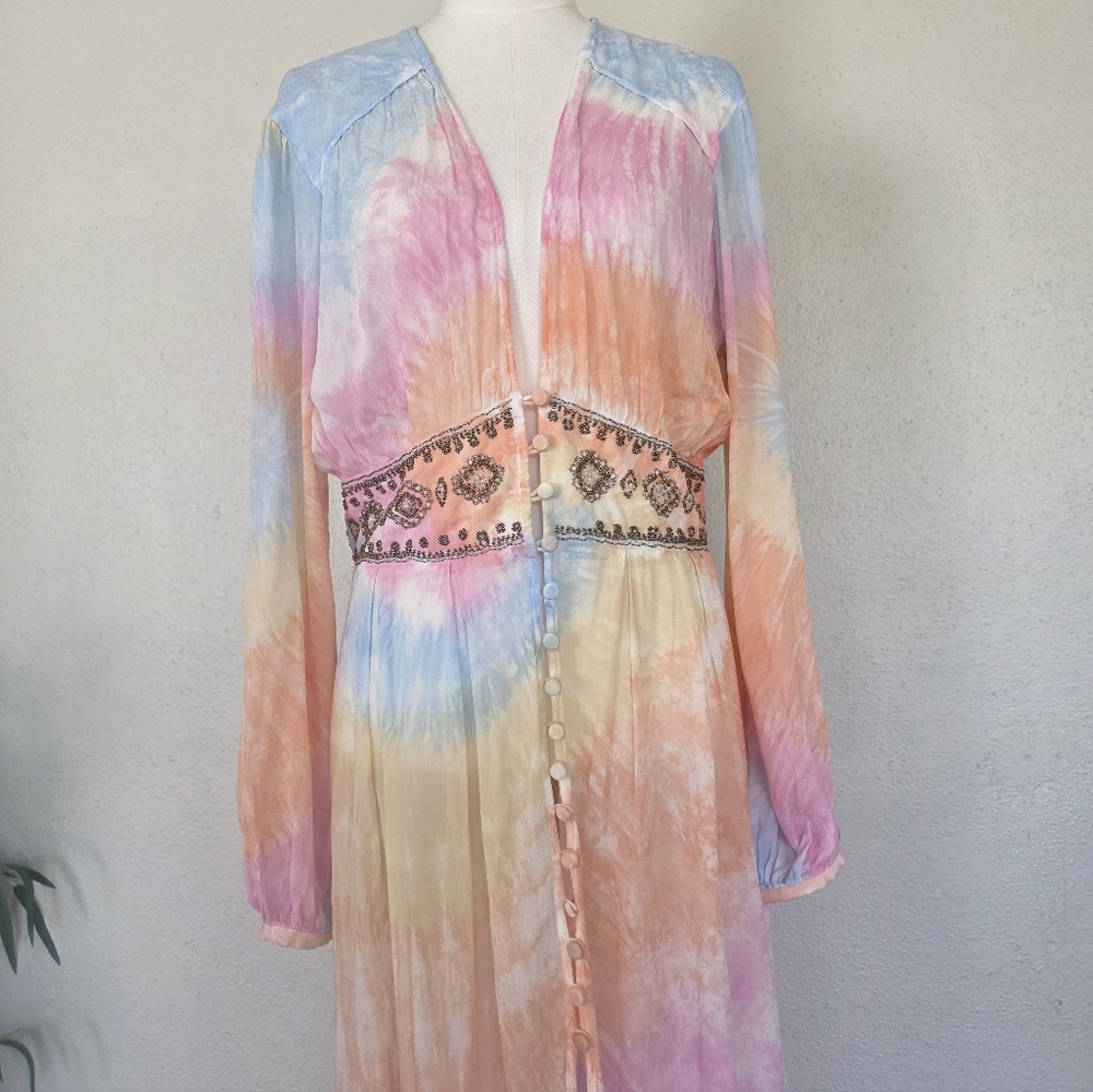 Free People Summer of Love Kimono Maxi Dress Tie Dye Boho Beaded Waist S - Picture 8 of 14